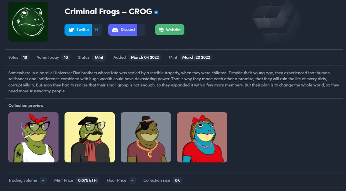 We have just listed <a href="/theCrogNFT/">theCrogNFT</a> on NFTFeed! 🔥

nftfeed.app/ethereum/proje…

#Ethereum #ethereumNFT #nft #EthereumClassic