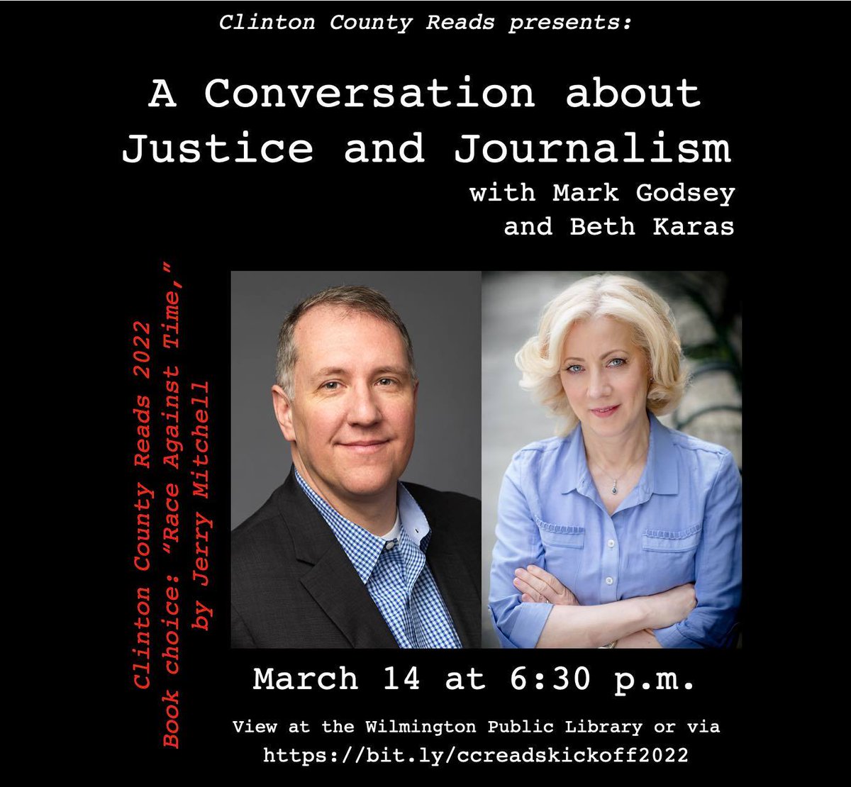 Sabina_Library's tweet image. “A Conversation about Justice and Journalism, with Mark Godsey and Beth Karas,” will kick off this year’s #ClintonCountyReads events surrounding the book “Race Against Time,” by Jerry Mitchell. The March 14 event will be held at 6:30 p.m. on Zoom and as a watch party at WPL.
