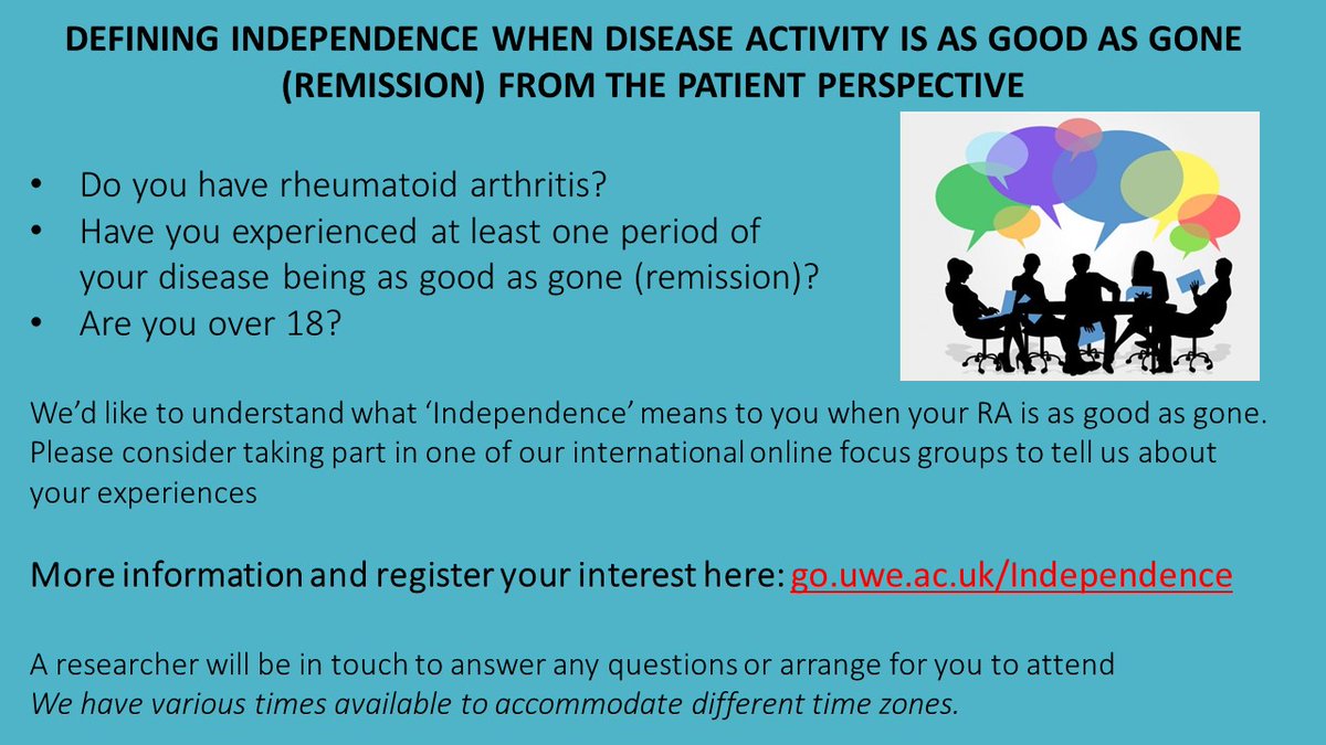 C_Flurey's tweet photo. Have you got RA? Have you experienced a time when your disease was as good as gone? 
Patients have told us independence is important to what it means to be in remission, we'd like to understand what independence means to you. 
More info: https://t.co/jAMNC3NSMA https://t.co/qT6UC6z2pl