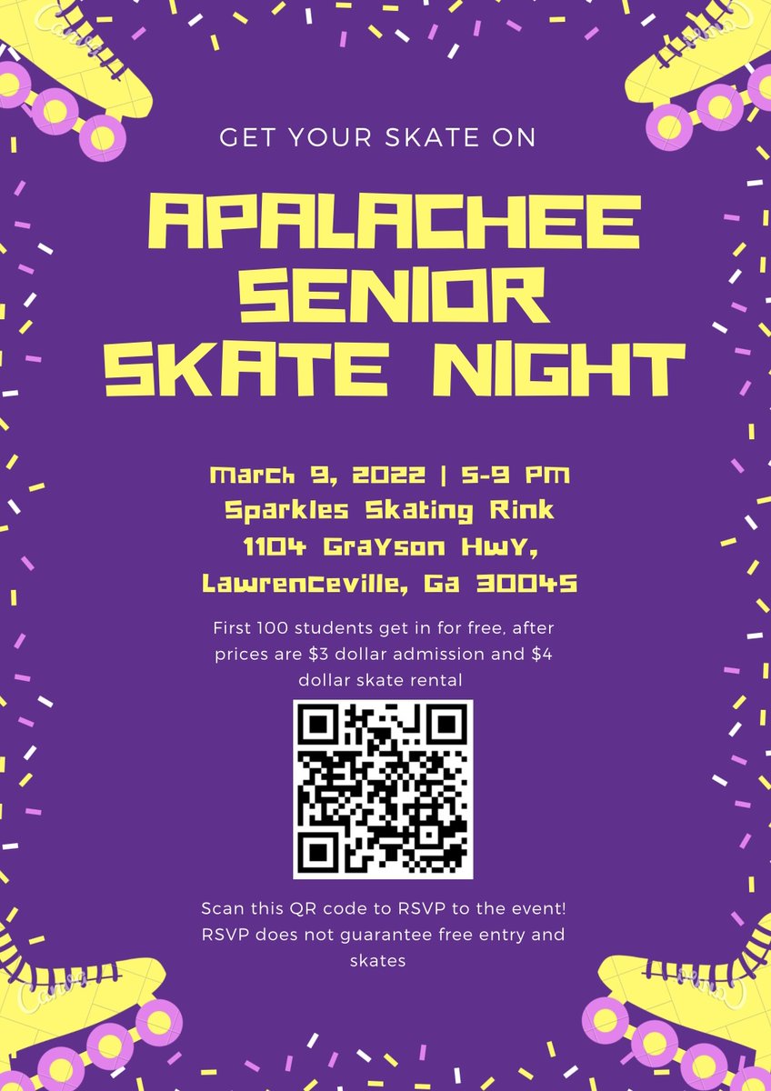 ApalacheeHS's tweet photo. Seniors,  use the QR code above to RSVP to Senior Skate Night! https://t.co/DL8EPFf8KK