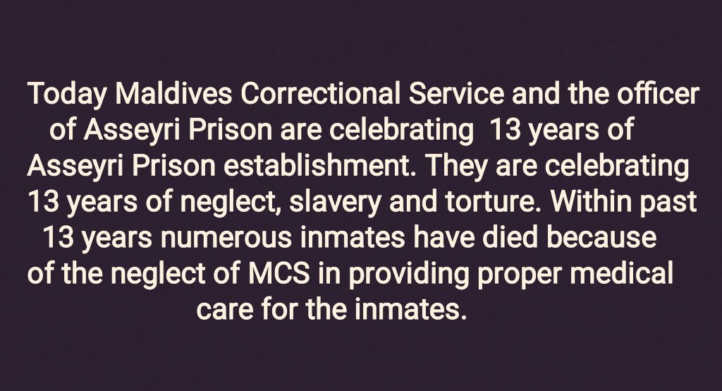 Is there any reason to celebrate, a place which is built for destruction, torture and pain.Tonight did you <a href="/ahumadhumohamed/">Ahmed Mohamed</a> enjoy the party? <a href="/nooramohamed/">Noora Mohamed</a> <a href="/ShimranAb/">Imran Abdulla</a> <a href="/ibriffath/">I Riffath</a> <a href="/MohamedNasheed/">Mohamed Nasheed</a> <a href="/ibusolih/">Ibrahim Mohamed Solih</a> <a href="/Imthiyazfahmy/">𝐈𝐦𝐭𝐡𝐢𝐲𝐚𝐳 𝐅𝐚𝐡𝐦𝐲</a> <a href="/UNODC/">UN Office on Drugs & Crime</a>  <a href="/evattey/">Eva Abdulla</a> <a href="/ESAmaldives/">Esa Abdulla 🇵🇸Free 𝓟𝓪𝓵𝓮𝓼𝓽𝓲𝓷𝓮 🇵🇸</a> <a href="/mnaweez/">Akku</a> <a href="/fourmea/">forme</a> <a href="/inmate_s/">Maldivian Inmates ދިވެހި ޤައިދީން 🔻</a>