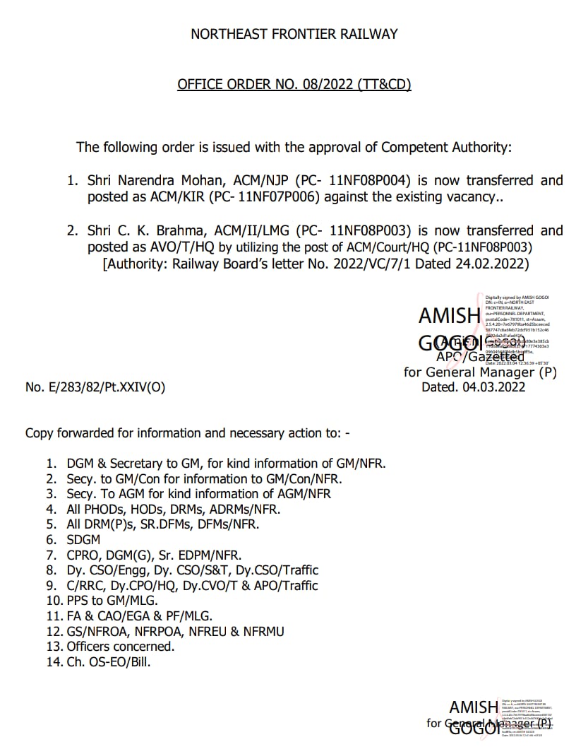 NEWTON2018bjp1's tweet photo. Honest official N Mohan is replaced by corrupt CK Brahma as AVO/T/HQ @gm_nfr cancelling approval letter of  Railway Board favouring Mr Brahma who already completed his tenure of 6yr in vigilance dept in lieu of bribe. @RailMinIndia @AmitShahOffice @PMOIndia https://t.co/wdTgfEYuDp