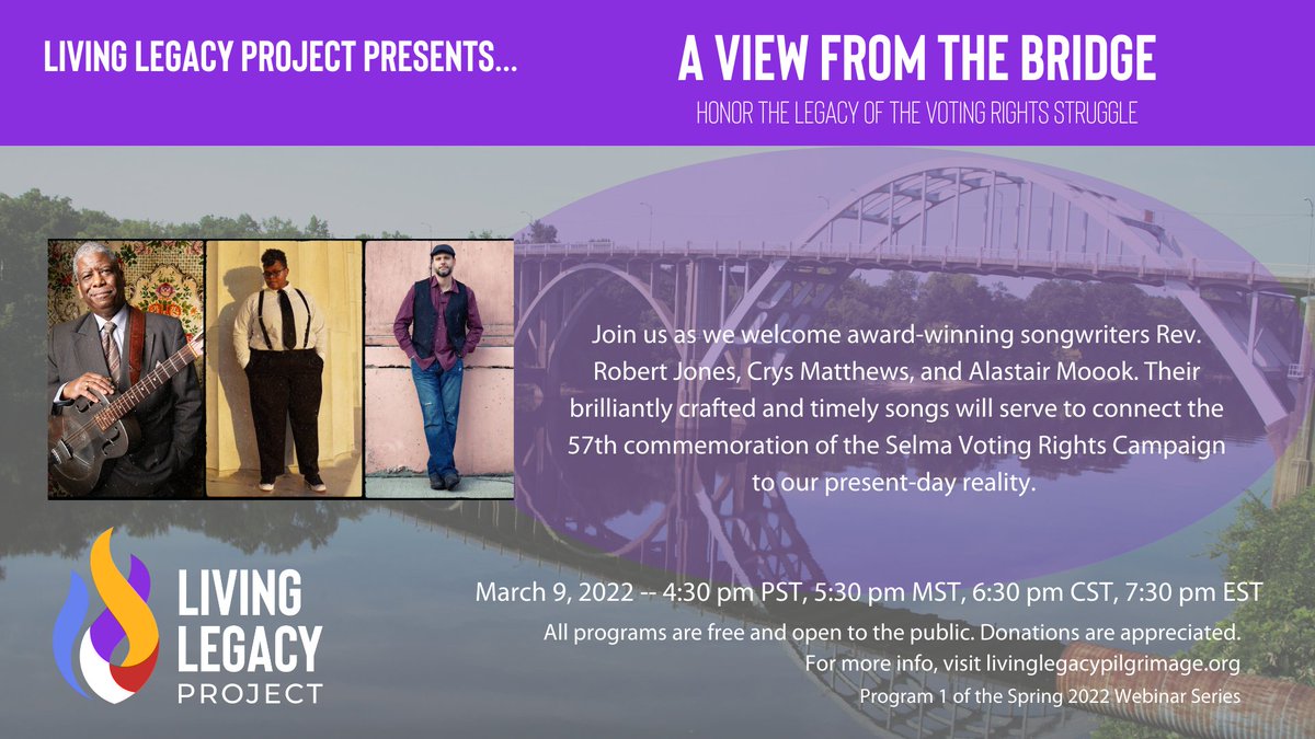 We all could use an evening of song about now. Join us March 9th for "A View from the Bridge" with <a href="/RobertBJonesSr1/">Robert B. Jones, Sr.</a>, <a href="/crysmatthews/">Crys Matthews</a>, and Alistair Moock. livinglegacypilgrimage.org/a-view-from-th…