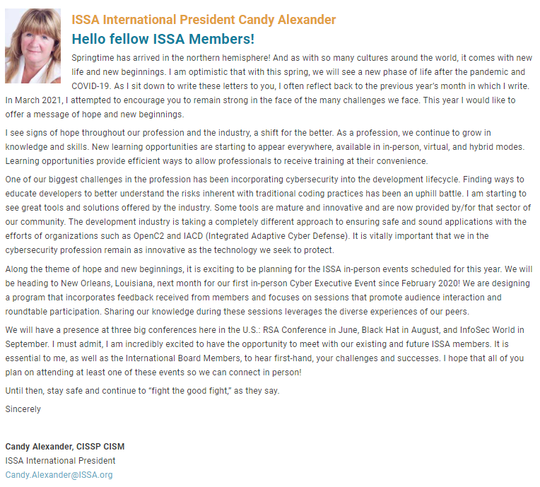ISSAINTL's tweet photo. Spring is the season of new beginnings. Candy Alexander looks at the upcoming year and the association's return to in-person events, continuing education, and more.
Read it along with this month's featured article in the #ISSAJournal. https://t.co/EFnnfEeK8m
@NH_Candy https://t.co/uc7qgrFn7Z