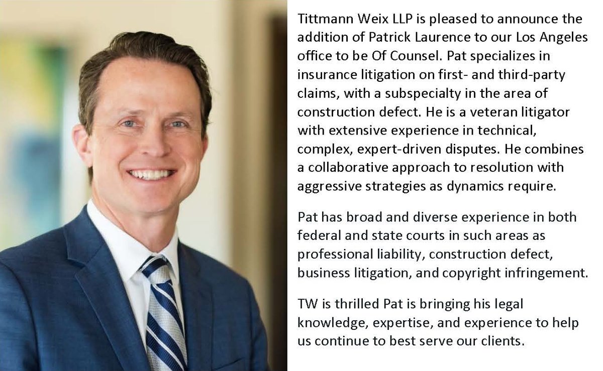 TittmannWeix's tweet photo. Welcome, Patrick Laurence. 

#TittmannWeix #TW #InsuranceLaw https://t.co/TJAaWBCUk3