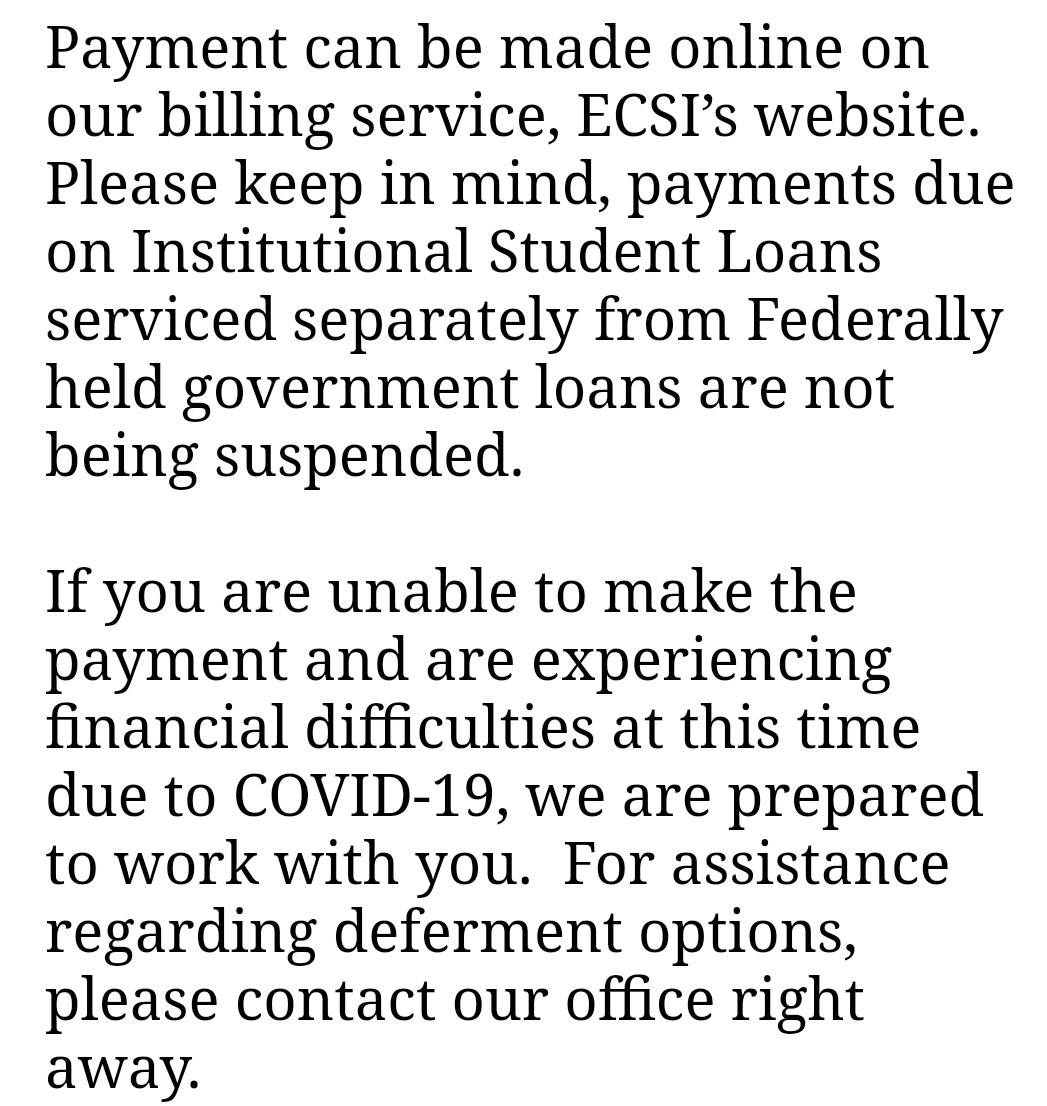 MDoftinyhumans's tweet photo. @LoyolaMarymount coming after their alumni asking us to pay loans like we still ain't in a pandemic awaiting WW3.
I love their "Keep I mind they aren't suspended."
Keep in mind I'm still a poor resident. #ilovelmu #CancelStudentDebt https://t.co/iI7D6J02Tf