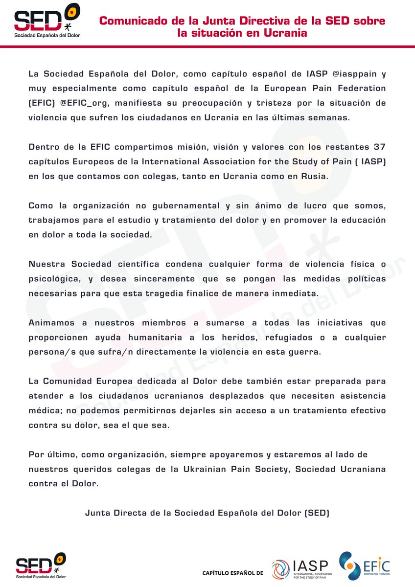 📄Comunicado de la Junta Directiva de la SED sobre la situación en Ucrania. 

#UcraniaBajoFuego #UcraniaBajoAtaque #UcraniaRussia #Ucrania #Pain #Dolor <a href="/GustavoFabregat/">Gustavo Fabregat</a>