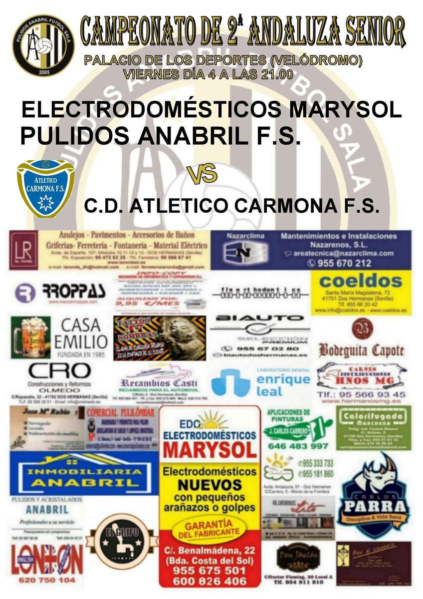 💥📣 Nuestro equipo senior juega hoy contra CD Atlético Carmona FS a las 21:00 h en el Palacio de los Deportes (Velódromo). 

Ven y disfruta del buen futsal. Necesitamos vuestro apoyo.

1,2,3 PULIDOSSSS 🟠⚫