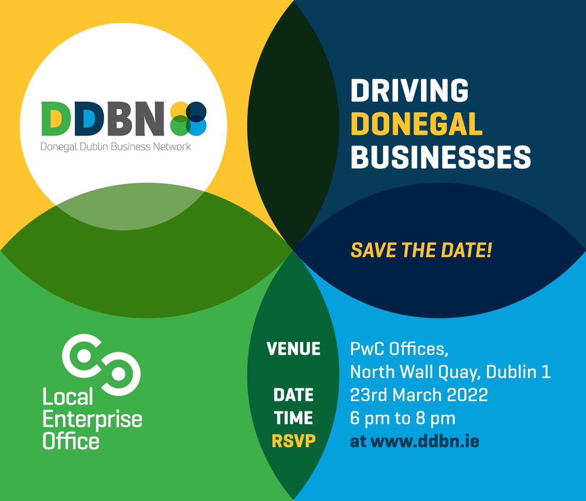 We are delighted to have a very special ‘in person’ date in the diary, hosted by PwC. 
This will be a joint @ddbn / Donegal Local Enterprise Office event.
More details to follow, but for now please hold the date:
Wed. evening 23rd March 6-8pm @ PwC North Docks
#ddbn #donegal #pwc