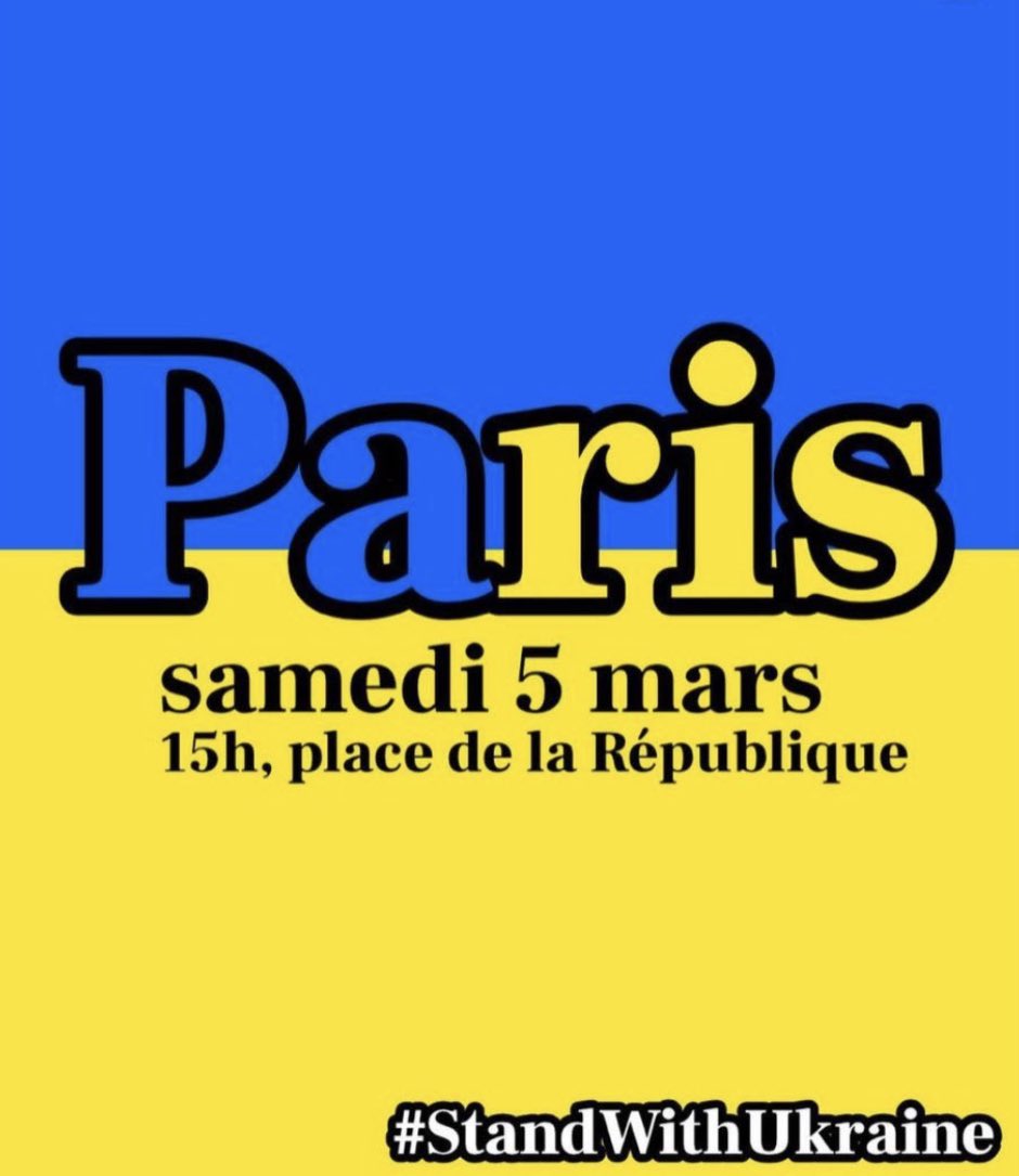 rglucks1's tweet image. Grande marche de solidarité avec la résistance ukrainienne, demain Place de la République à 15h. Soyons des dizaines de milliers!
#WeStandWithUkraine #StopPutinNOW