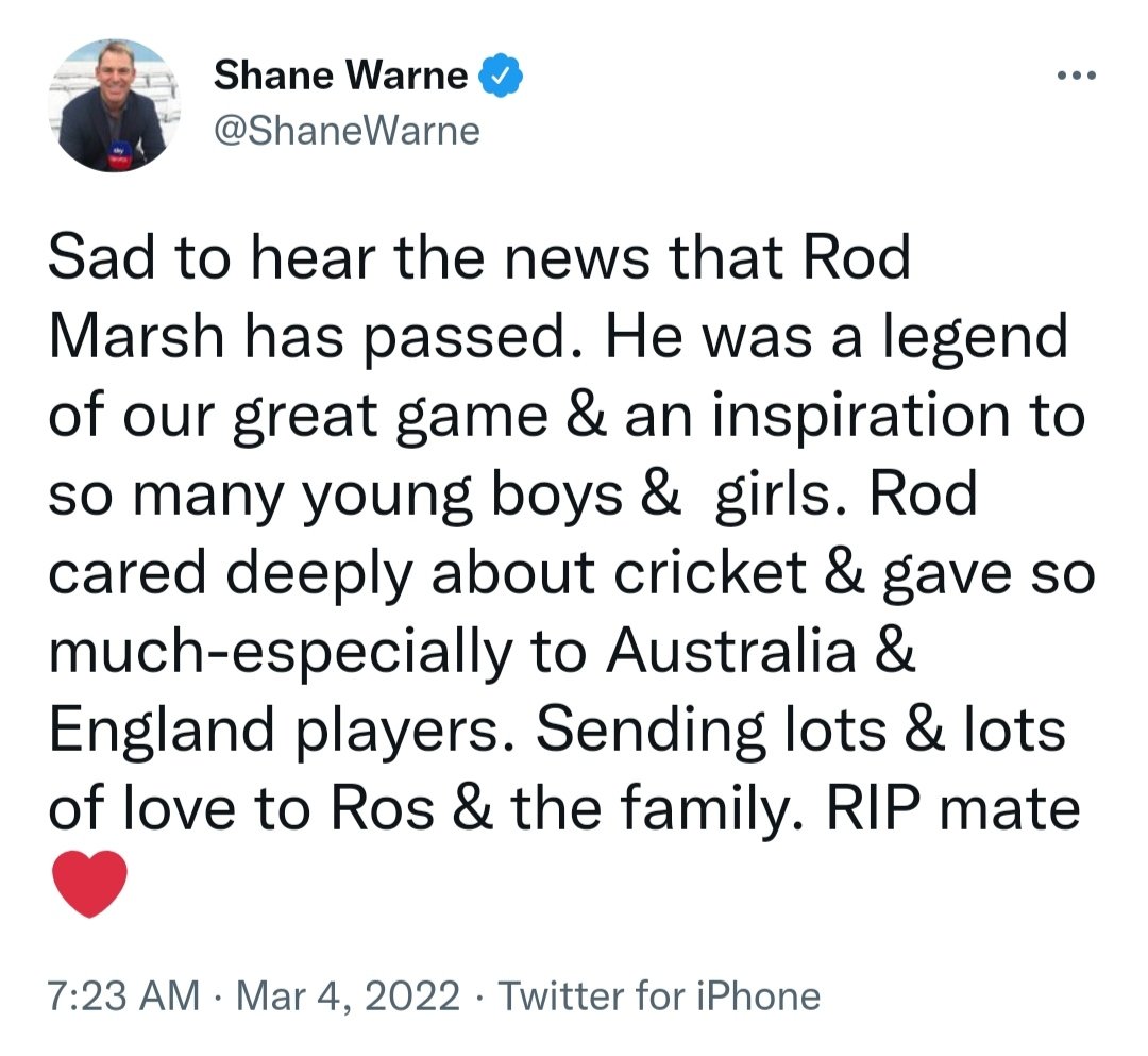 Isitsotweets's tweet photo. Last tweet of #shanewane 💔💔
#ShaneWarneRIP https://t.co/54bRRdw5Zb