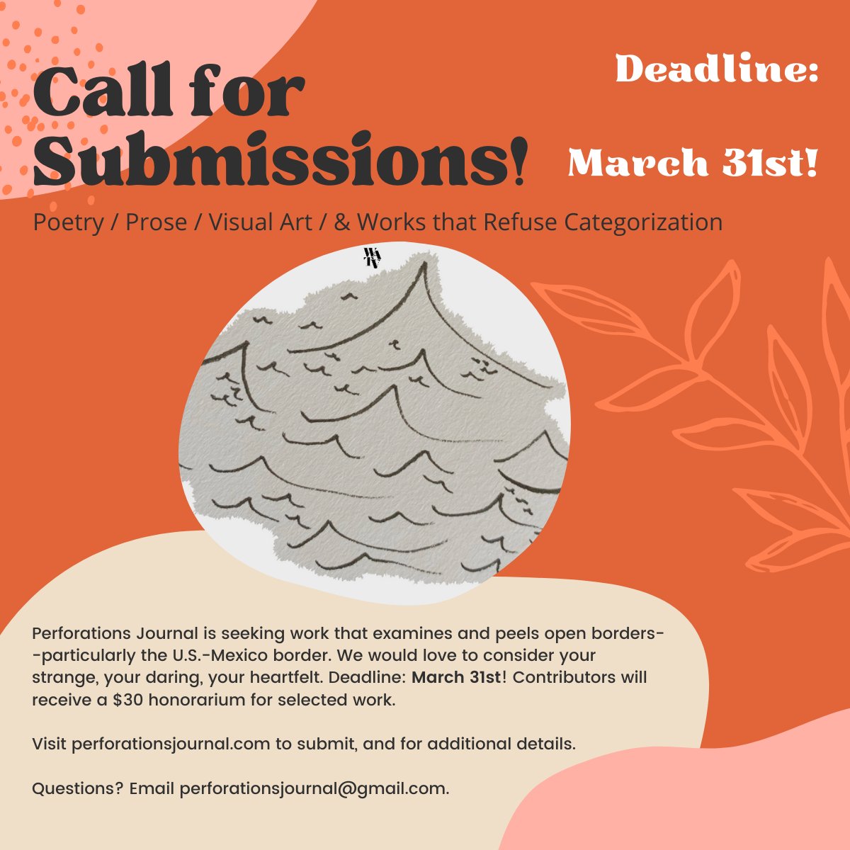 watv_oak's tweet photo. Submit to PERFORATIONS!

A digital project by Community Collaborator Tovah Strong, the journal seeks multimedia work examining and peeling open borders —particularly the U.S.-Mexico border.

Submit @ https://t.co/j6fFlQxPGa.
#BorderStudies #BorderLands #USMexicoBorder https://t.co/sfRrurYwiB