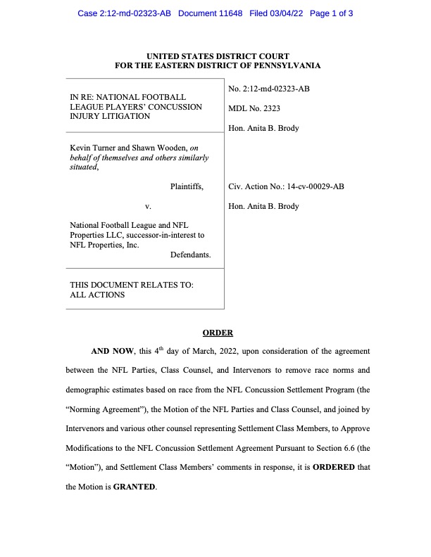 NEW: The federal judge overseeing the NFL Concussion Settlement Program has approved changes that will "remove race norms &amp; demographic estimates based on race" from its protocols for assessing cognitive damage in former players.