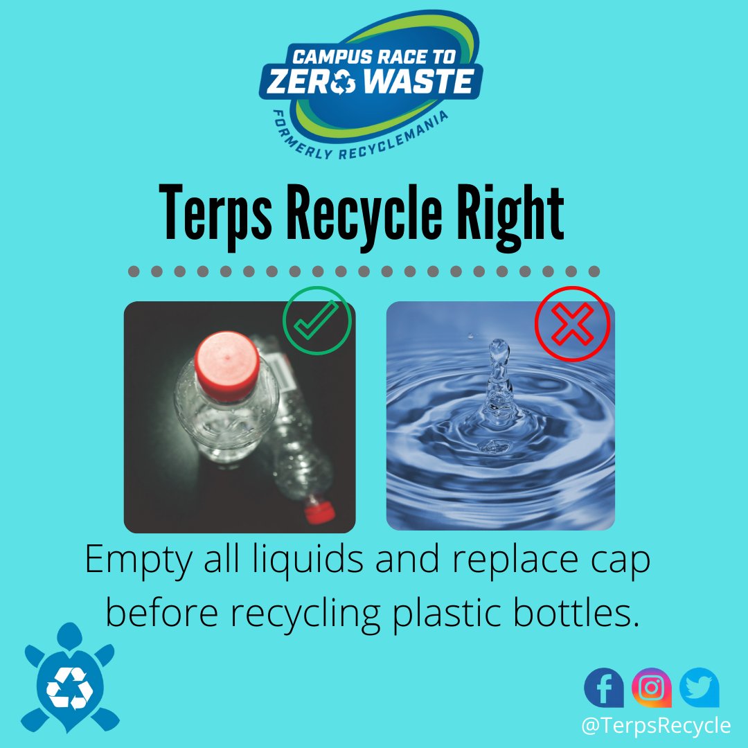 TerpsRecycle's tweet photo. RECYCLE TIP: Please ensure all plastic bottles/cups are EMPTY before recycling! Bottle caps can be left on plastic bottles, but lids &amp; straws must be removed from plastic cups. #TerpsRecycle #SustainableUMD #GreenTerp #UMD #Terps #Recycle #CampusRaceToZeroWaste https://t.co/EphzIdvgYw