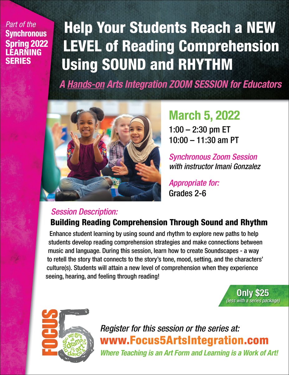 Don't Miss Tomorrow's (Sat. 3/4) #Arts Integration ZOOM Session with Imani Gonzales -- Learn how to help your #students reach a NEW LEVEL of #reading comprehension using SOUND and RHYTHM! Hands-on Session ONLY $25: tickettailor.com/events/focus5i… -- #teachers #readingcommunity
