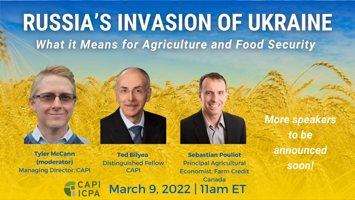 Join CAPI on Wednesday March 9th at 11am ET for a webinar to discuss the impacts of the Russian invasion of #Ukraine on #agriculture and #foodsecurity 

Register here➡️ bit.ly/3MhLS1z