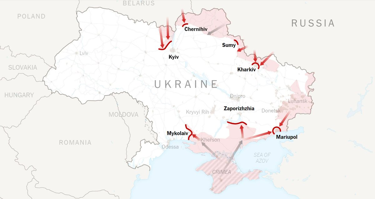 Current map of the fronts. Kharkiv and Mariupol STILL holding on. Russia has started a push NNE from Crimea with the intent of linking up with the forces advancing SSW through Kharkiv with the intent of isolating Ukrainian forces in Donetsk/Luhansk.
