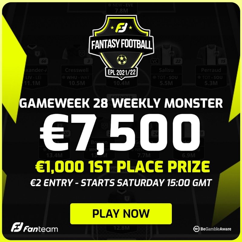 FanTeamOfficial's tweet photo. 🎟 𝗧𝗪𝗜𝗧𝗧𝗘𝗥 𝗖𝗢𝗠𝗣𝗘𝗧𝗜𝗧𝗜𝗢𝗡 🎟

Our €1M season game champ @CheckJoshFF has 2️⃣0️⃣ FREE ENTRY tickets to give away to our €7.500 Gameweek 28 #FPL 𝗪𝗲𝗲𝗸𝗹𝘆 𝗠𝗼𝗻𝘀𝘁𝗲𝗿

𝗧𝗢 𝗘𝗡𝗧𝗘𝗥

1⃣ 𝗥𝗧 &amp; follow @FanTeamOfficial

2️⃣ 𝗥𝗘𝗣𝗟𝗬 with your FanTeam username