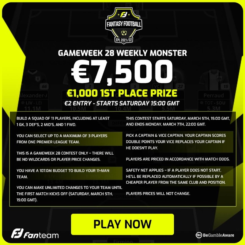 FanTeamOfficial's tweet photo. 🎟 𝗧𝗪𝗜𝗧𝗧𝗘𝗥 𝗖𝗢𝗠𝗣𝗘𝗧𝗜𝗧𝗜𝗢𝗡 🎟

Our €1M season game champ @CheckJoshFF has 2️⃣0️⃣ FREE ENTRY tickets to give away to our €7.500 Gameweek 28 #FPL 𝗪𝗲𝗲𝗸𝗹𝘆 𝗠𝗼𝗻𝘀𝘁𝗲𝗿

𝗧𝗢 𝗘𝗡𝗧𝗘𝗥

1⃣ 𝗥𝗧 &amp; follow @FanTeamOfficial

2️⃣ 𝗥𝗘𝗣𝗟𝗬 with your FanTeam username