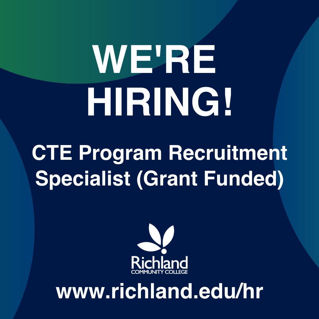 Richland Community College is currently seeking application for the CTE Program Recruitment Specialist (Grant-Funded) position. For a full job description visit richland.edu/hr.