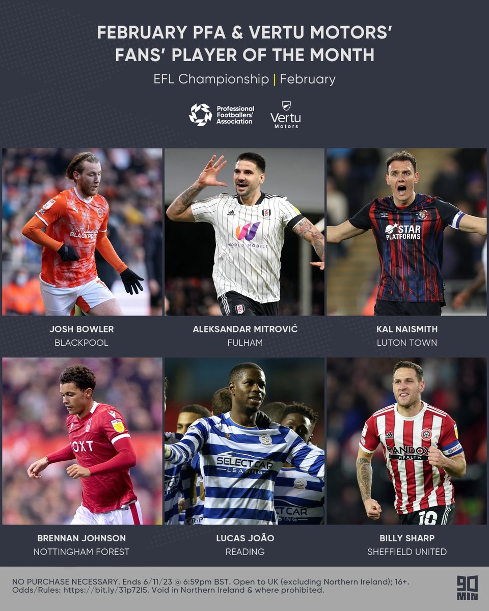 February’s PFA @VertuMotors Championship Fans’ Player of the Month nominees... 🗳️ @JoshBowler10 🗳️ Aleksandar Mitrović 🗳️ Kal Naismith 🗳️ Brennan Johnson 🗳️ Lucas Joao 🗳️ @billysharp10 Vote for your winner here 👉 90min.com/posts/vote-now… #PFAFPOTM