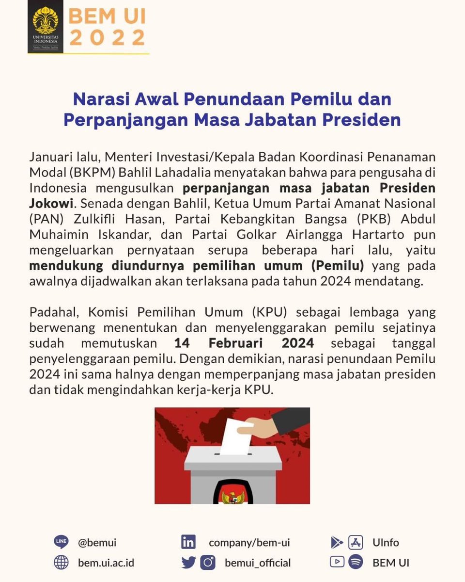 palembangpeace's tweet photo. 📸 @bemui_official
PERPANJANGAN PERIODE JOKOWI: PEMBANGKANGAN TERHADAP KONSTITUSI DAN POTENSI ABSOLUTE POWER 

Narahubung: Melki (081251505589)

BEM UI 2022 
#DepartemenKajianStrategisBEMUI2022
#BidangSosialPolitikBEMUI2022 https://t.co/3H5b3Qo2y0
