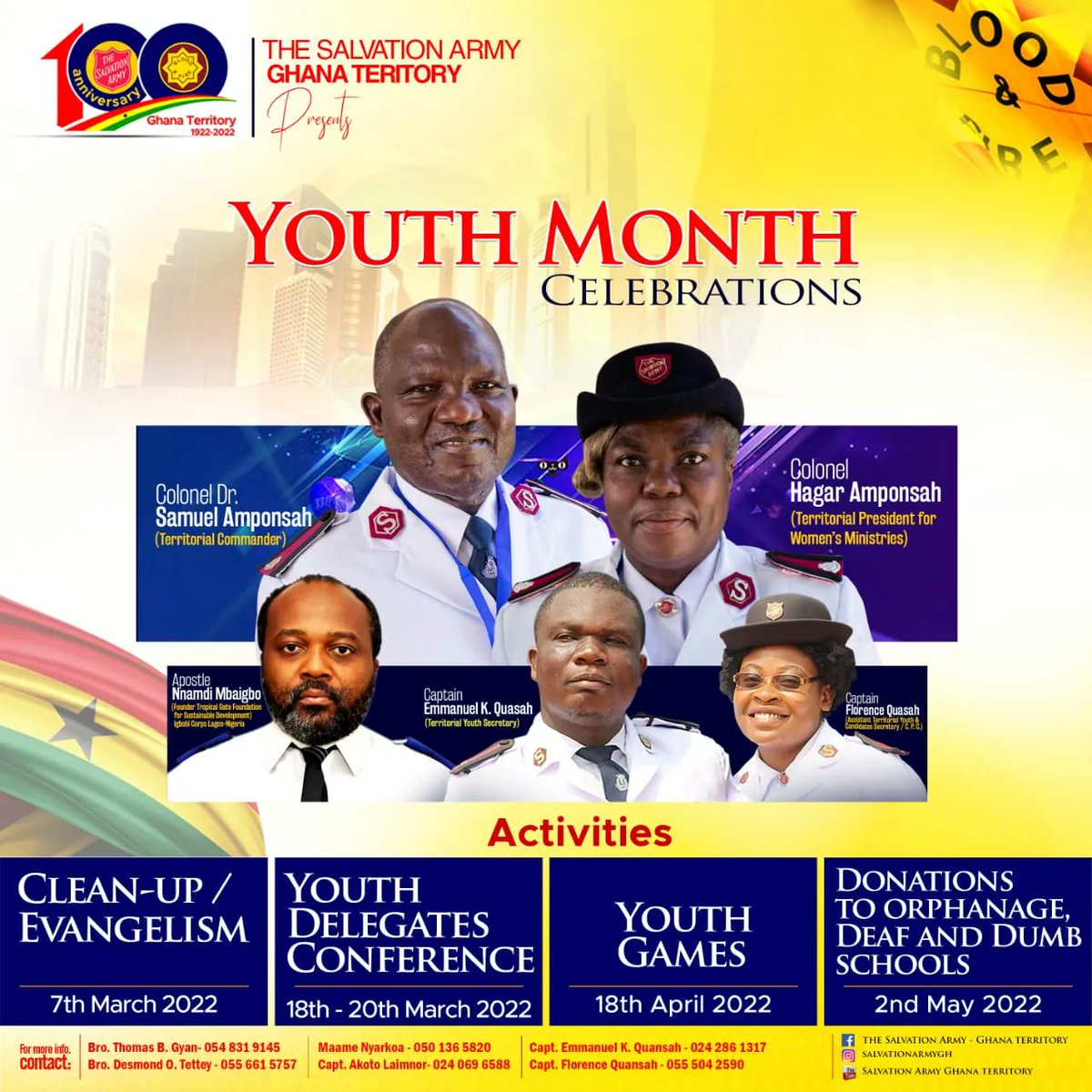 SalArmyGh's tweet photo. As we move towards our Centenary Celebration in August for The Salvation Army, March has been set aside for Youth Celebrations. Please get in touch with any member on the flyer, if you are interested in any of these events. https://t.co/xGaIHdOKKT