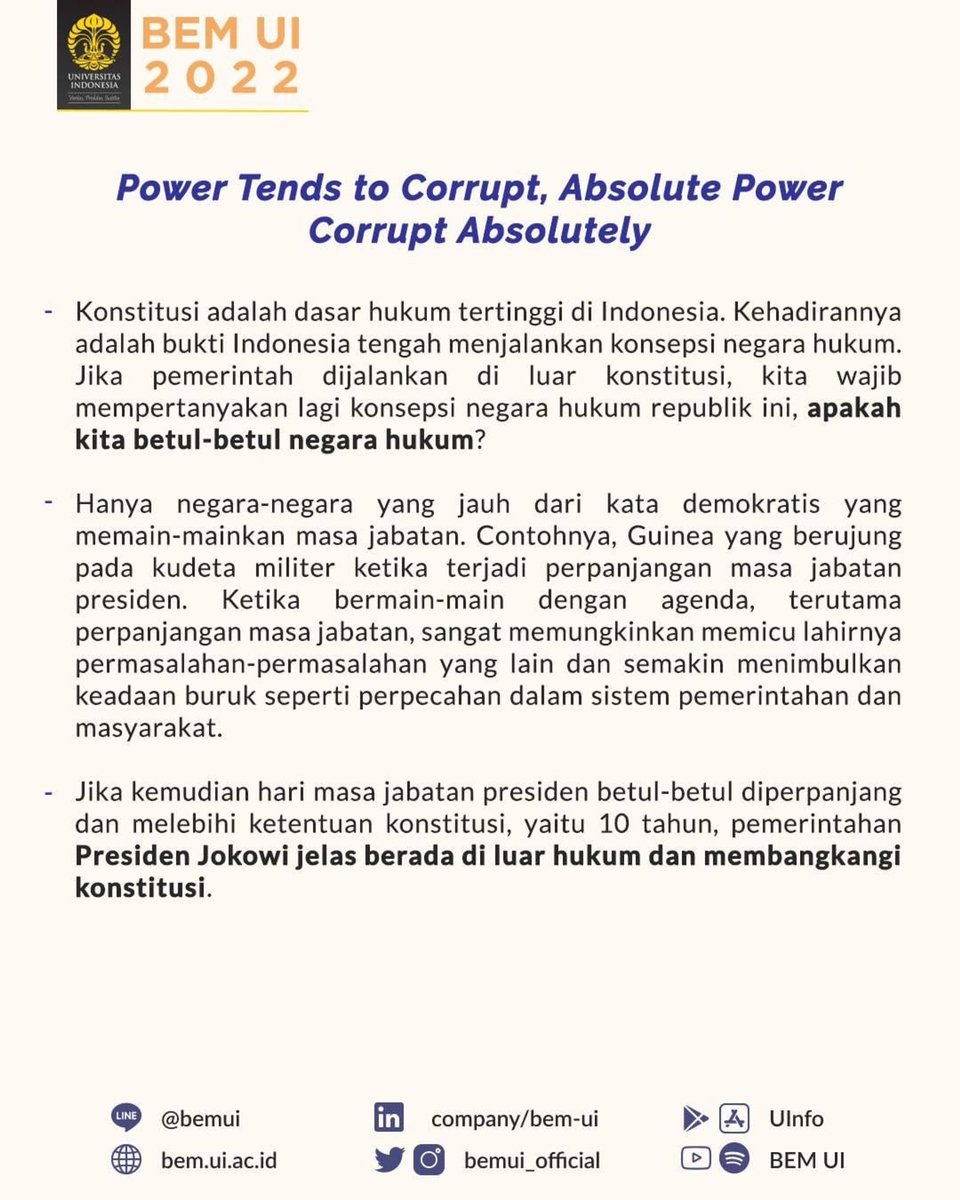 palembangpeace's tweet photo. 📸 @bemui_official
PERPANJANGAN PERIODE JOKOWI: PEMBANGKANGAN TERHADAP KONSTITUSI DAN POTENSI ABSOLUTE POWER 

Narahubung: Melki (081251505589)

BEM UI 2022 
#DepartemenKajianStrategisBEMUI2022
#BidangSosialPolitikBEMUI2022 https://t.co/rfkSFkD6nj
