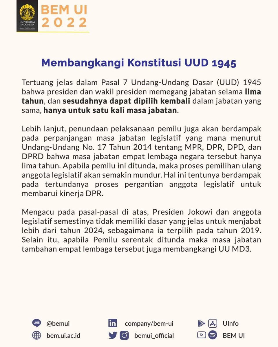 palembangpeace's tweet photo. 📸 @bemui_official
PERPANJANGAN PERIODE JOKOWI: PEMBANGKANGAN TERHADAP KONSTITUSI DAN POTENSI ABSOLUTE POWER 

Narahubung: Melki (081251505589)

BEM UI 2022 
#DepartemenKajianStrategisBEMUI2022
#BidangSosialPolitikBEMUI2022 https://t.co/rfkSFkD6nj