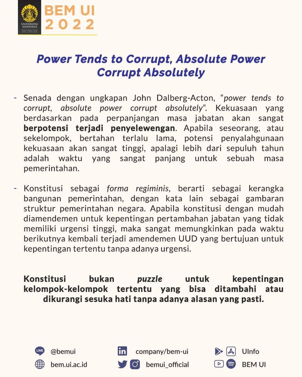 palembangpeace's tweet photo. 📸 @bemui_official
PERPANJANGAN PERIODE JOKOWI: PEMBANGKANGAN TERHADAP KONSTITUSI DAN POTENSI ABSOLUTE POWER 

Narahubung: Melki (081251505589)

BEM UI 2022 
#DepartemenKajianStrategisBEMUI2022
#BidangSosialPolitikBEMUI2022 https://t.co/rfkSFkD6nj
