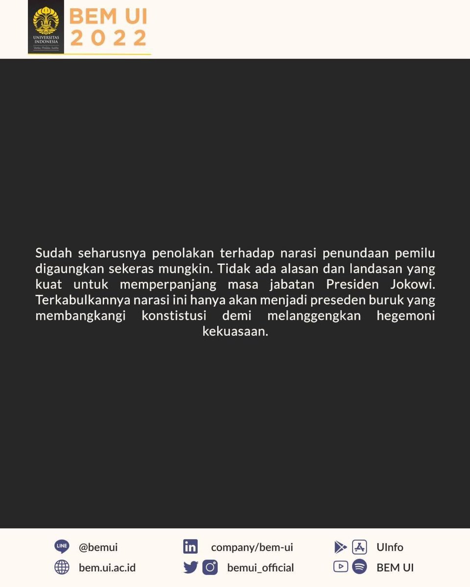 palembangpeace's tweet photo. 📸 @bemui_official
PERPANJANGAN PERIODE JOKOWI: PEMBANGKANGAN TERHADAP KONSTITUSI DAN POTENSI ABSOLUTE POWER 

Narahubung: Melki (081251505589)

BEM UI 2022 
#DepartemenKajianStrategisBEMUI2022
#BidangSosialPolitikBEMUI2022 https://t.co/2e5bHin0S0