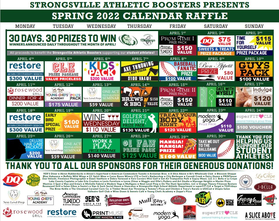 VilleBoosters's tweet photo. It's Here!  Strongsville Athletic Boosters is kicking off our 2022 Calendar Raffle.  Why is it important?  50% of each $10 ticket goes straight to the selling team.  Help raise money for your favorite athlete's team! Buy tickets here:  https://t.co/kdgYl7cyYg https://t.co/If8AmOCcmC