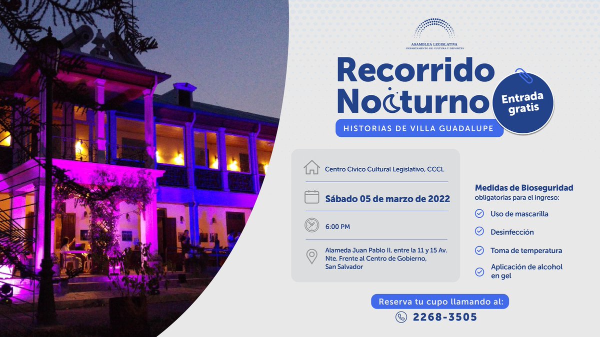 AsambleaSV's tweet photo. Visita nuestro Centro Cívico Cultural Legislativo y conoce la historia de la Casa Patrimonial de la Villa Guadalupe.

¡Te esperamos en nuestro recorrido nocturno! 👇🏻 https://t.co/3bvGU679I0