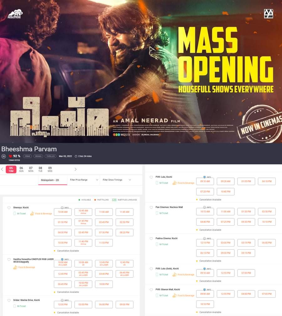 MammoottyFC369's tweet photo. #BheeshmaParvam Tomorrow's Almost All Shows Are Already Fast Filling At Kochi !! 💥

#Mammootty @mammukka https://t.co/zOVDLvzAl1