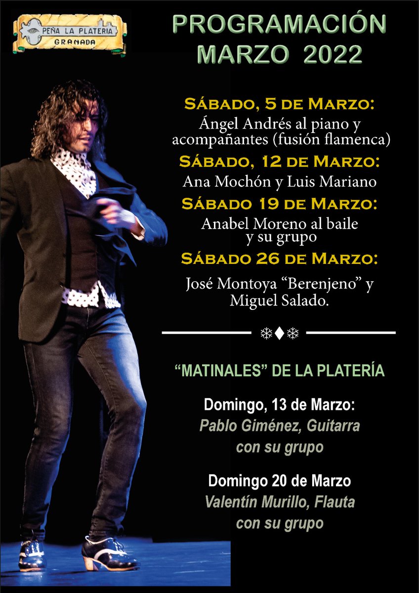 Cartel completo de las actuaciones de marzo con la inclusión de los matinales de los domingos.
Peña de la Platería.
-Actividades para socios y acompañantes (Sábados)
-Entrada libre con reserva (domingos)