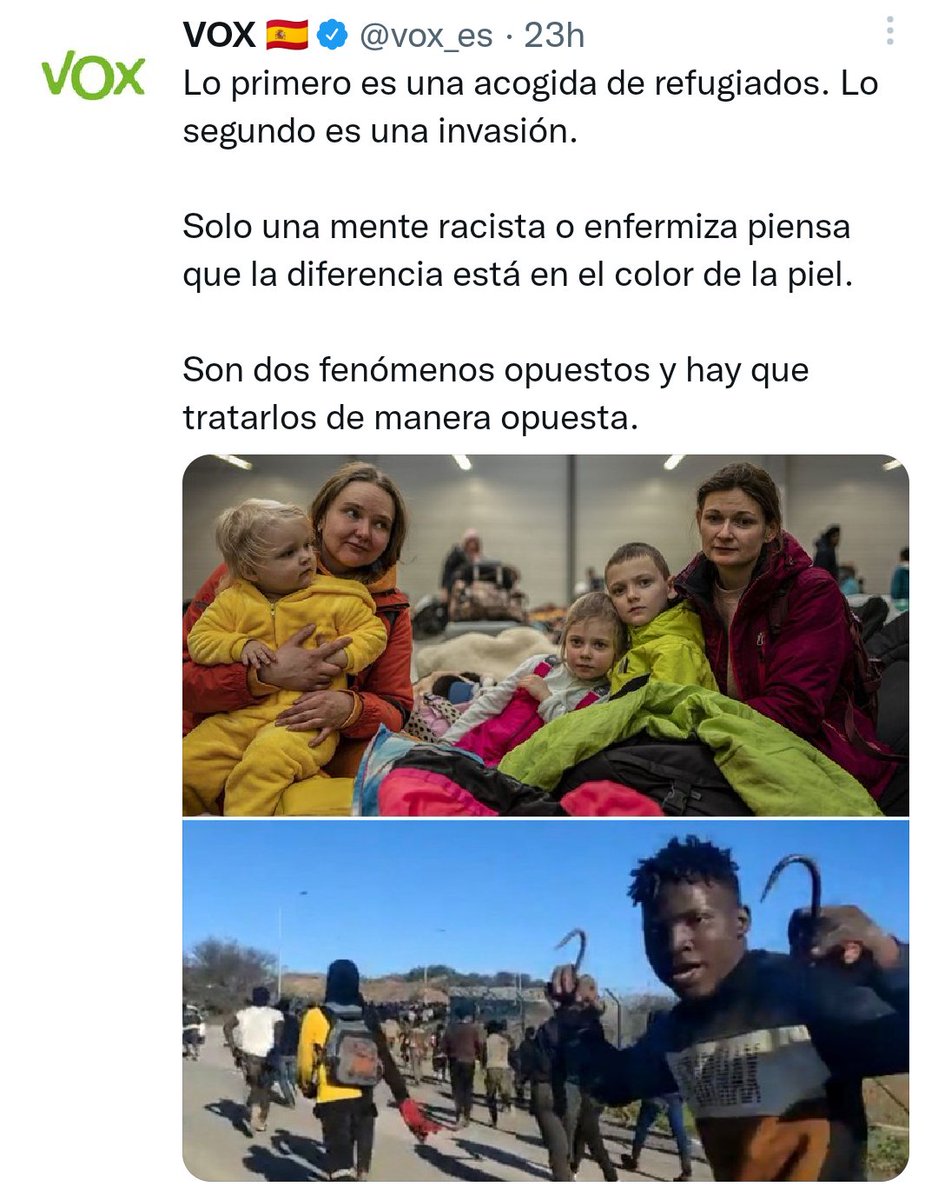 Hola <a href="/vox_es/">VOX 🇪🇸</a> , la primera foto la hice yo para <a href="/eldiarioes/">elDiario.es</a> como parte de un reportaje sobre la acogida de refugiados ucranianos en Polonia. Estáis usando la imagen sin permiso para esparcir vuestro odio. Eliminad el tweet, no consiento que se use mi trabajo para eso.