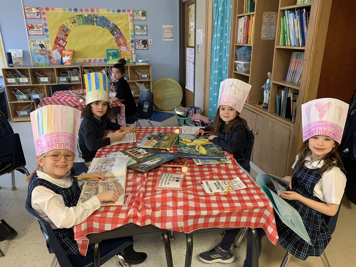 MsHarringtonSJS's tweet photo. Ending #ReadAcrossAmericaWeek with a reading restaurant, where we “taste” different genres of books!@JosaphatSchool https://t.co/UiUt4Mqo9l