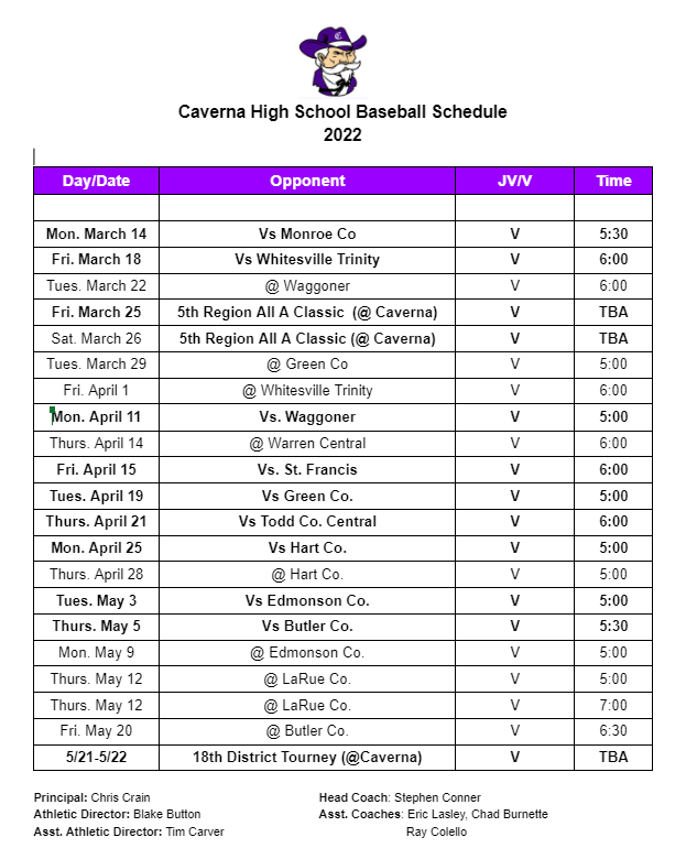 CavernaHigh's tweet photo. CHS Baseball/Softball Schedules
@Caverna_ISD @CavernaAth https://t.co/2daL2n7KXj