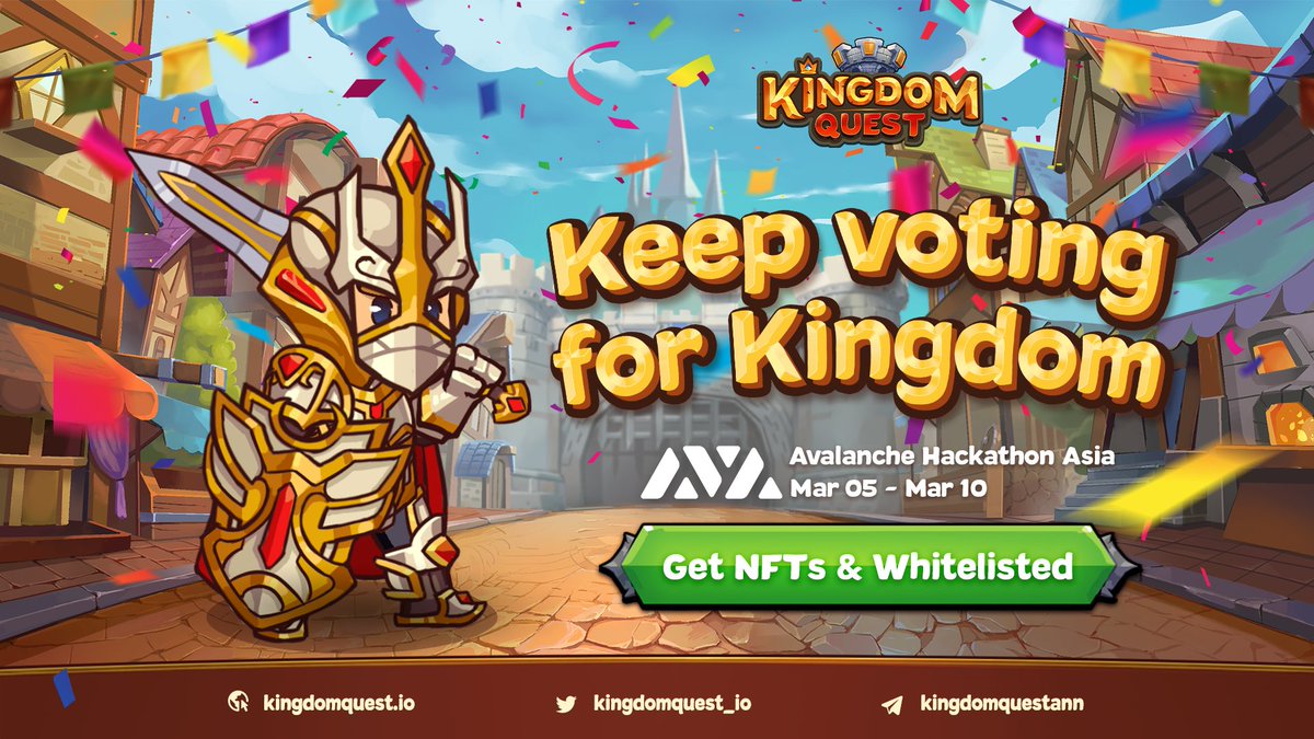 kingdomquest_io's tweet photo. 🔥 Due to a huge support from our community members, we are extending the VOTE FOR KINGDOM campaign deadline until Mar. 10.

🌟 Last chance to vote for Kingdom Quest on #AVAX Hackathon and get valuable rewards now!

👉  Complete tasks and get rewards: https://t.co/of9q7HwxgM
#NFT https://t.co/E8P6wHPJEg