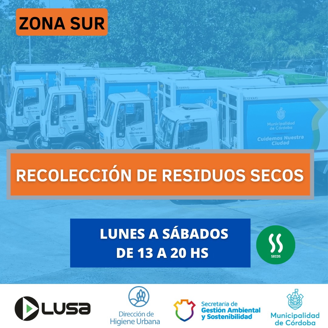📢 INFORMACIÓN DE SERVICIO
 
📍ZONA SUR 

♻️ La RECOLECCIÓN de RESIDUOS SECOS en todos los barrios será de 13 a 20 hs.

Para saber que día pasa por tu barrio consulta mas aquí ➡️ logisticaurbanasa.com/ar/

Recordá sacar tus residuos a horario. 
¡CUIDEMOS NUESTRA CIUDAD!