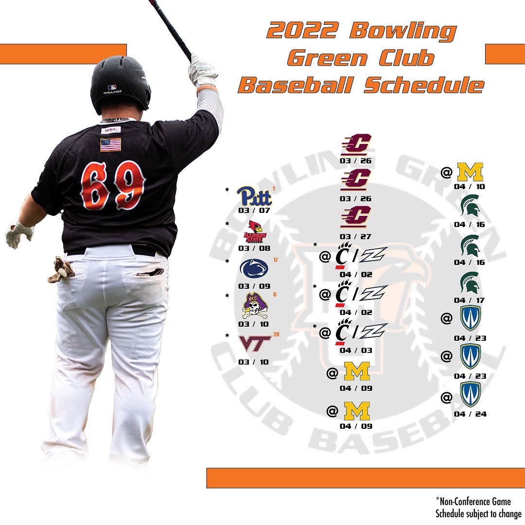 With the season opener less than 3 days away here is your official 2022 BGSU Club Baseball Schedule! Along with our full slate this coming week as we travel to Panama City, Florida for the NCSA Swing into Spring Tournament.

This schedule is subject to change.