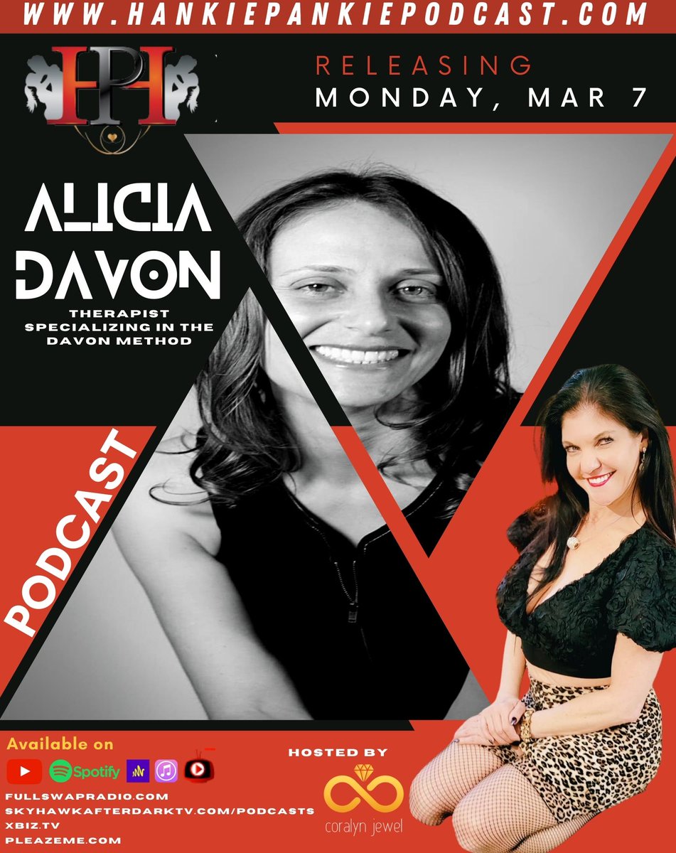 HankiePankieCA's tweet photo. March 7th The Hankie Pankie Podcast welcomes Alicia Davon (@davonmethod) therapist specializing in the Davon Method. What is that you ask?
Join us Monday and you will soon find out!
#podcast #davonmethod #mondaypodcast #CJ #adultpodcast #coralynjewel #AliciaDavon https://t.co/9zH8hvC1ay