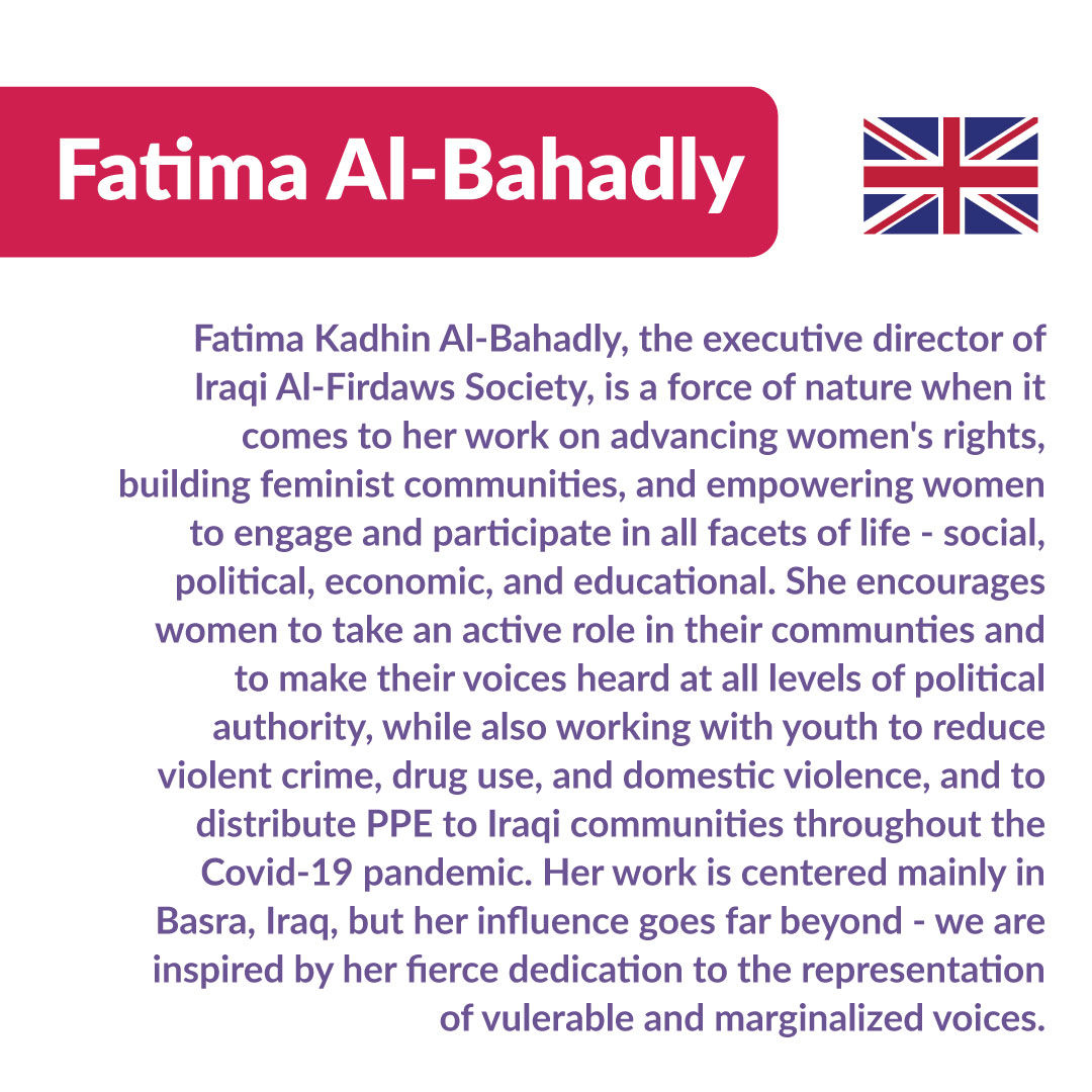CatalystasC's tweet photo. This amazing women, Fatima Al-Bahadly, is the executive director of the Al-Firdaws Society, a #WPHF partner in Iraq.
#WHM2022 #WomensHistoryMonth https://t.co/wKayOevY3a