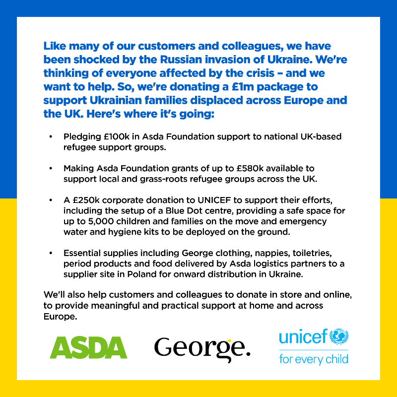Like our customers and colleagues, we're shocked and saddened by the events in Ukraine. That's why we're donating a £1 million package to support those affected, including £250,000 to <a href="/UNICEF_uk/">UNICEF UK</a>. We stand with Ukraine. bit.ly/3HEBXzr