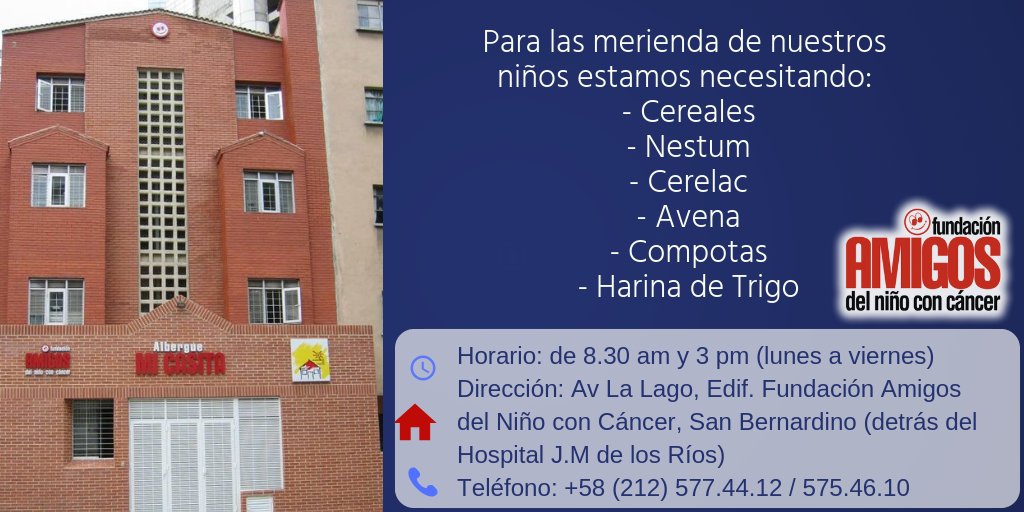 fninoscancer's tweet photo. Si deseas colaborar con las meriendas de nuestros niños:
🏠Dirección: Av La Lago, Edif. Fundación Amigos del Niño con Cáncer, San Bernardino (detrás del Hospital J.M de los Ríos)
⏰Horario: de 8.30 am y 3 pm (lun a vier) 
📞Teléfono: +58 (212) 577.44.12 / 575.46.10 https://t.co/52AUCpxc1S