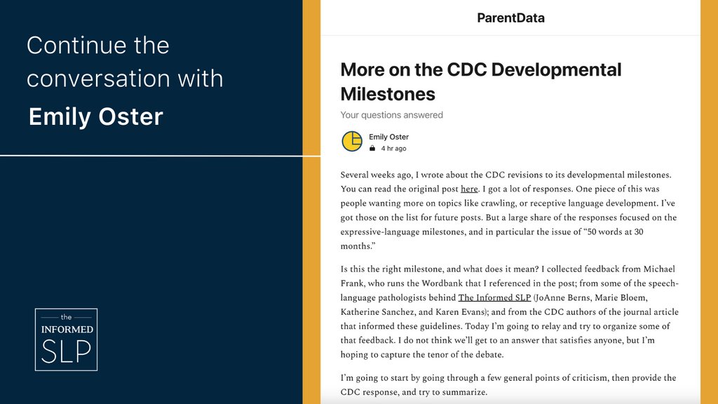 TheInformedSLP's tweet photo. We put our heads together with @ProfEmilyOster to discuss the CDC milestone data and next steps.

Learn more in her evidence-based newsletter, ParentData, here: https://t.co/wOe8KnhiJ5

And read our original review, here: https://t.co/2XkSpSwpx3

#slpeeps #ParentData #InformedSLP https://t.co/qD3ujE8IVW