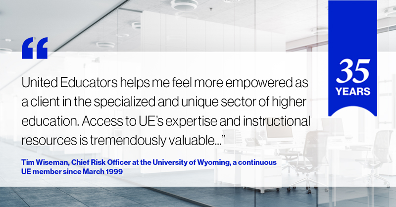 UnitedEducators's tweet photo. Happy Anniversary to United Educators! Thanks to our member-owners for being part of this risk retention group. Learn more about UE’s history. https://t.co/fz9QcydQju #EducationsAnswer 

cc: Tim Wiseman, Chief Risk Officer at the University of Wyoming @UWyonews https://t.co/dVHFt2ELF2