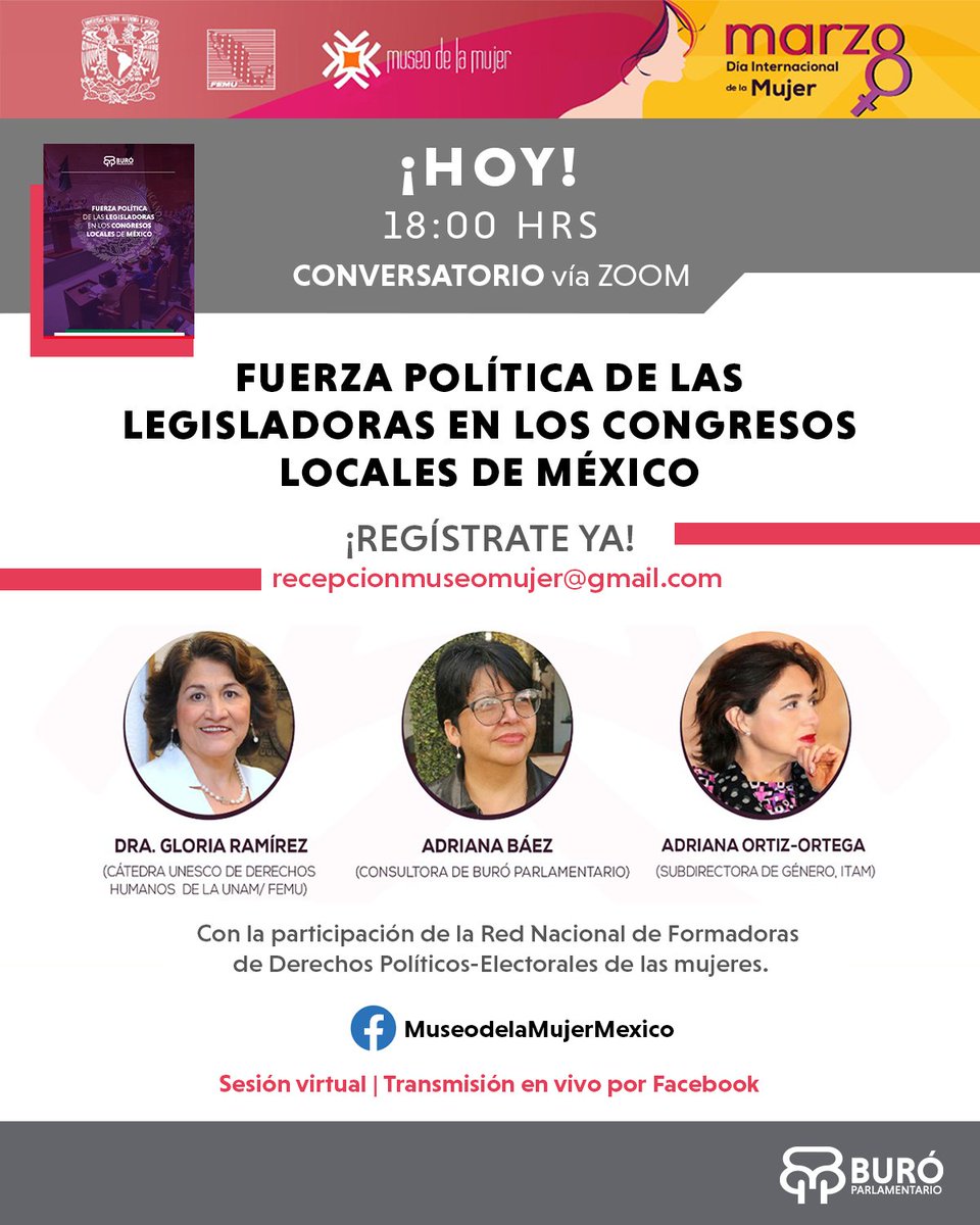 BuroParlamento's tweet photo. Hoy a las 6:00 p.m. conéctate al conversatorio vía Zoom:
“FUERZA POLÍTICA DE LAS LEGISLADORAS EN LOS CONGRESOS LOCALES DE MÉXICO”, organizado por el @museodelamujer.
Regístrate previamente en el correo: recepcionmuseomujer@gmail.com
#ConversatorioZoom #IFPL #MuseoMujerMéxico https://t.co/4HIBhv3FMj