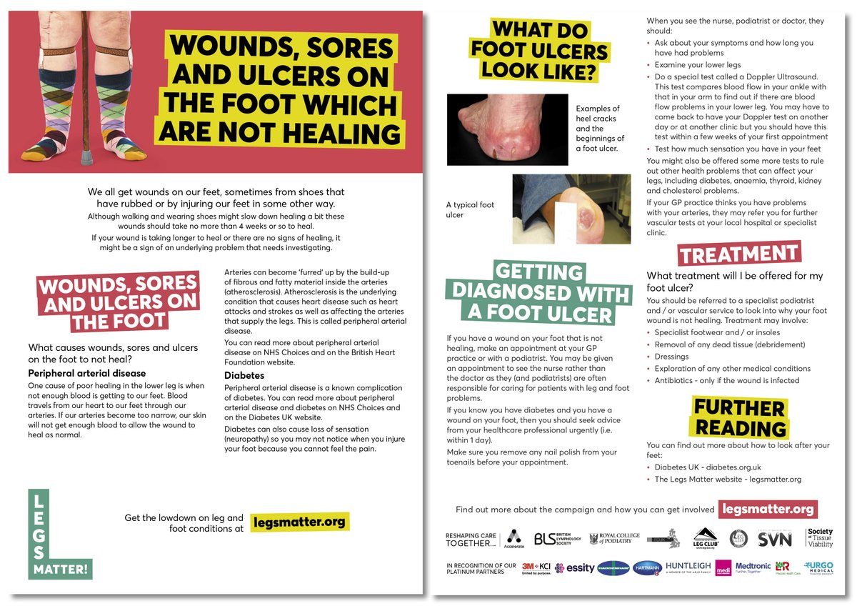 Seen our leaflet 'Wounds, sores and ulcers on the foot which are not healing'? If you have a sore/wound on your foot 🦶👣that hasn't improved after 4 weeks you could have an underlying problem. legsmatter.org/help-informati… #legsmatter #peripheralarterydisease #diabeticfootulcer