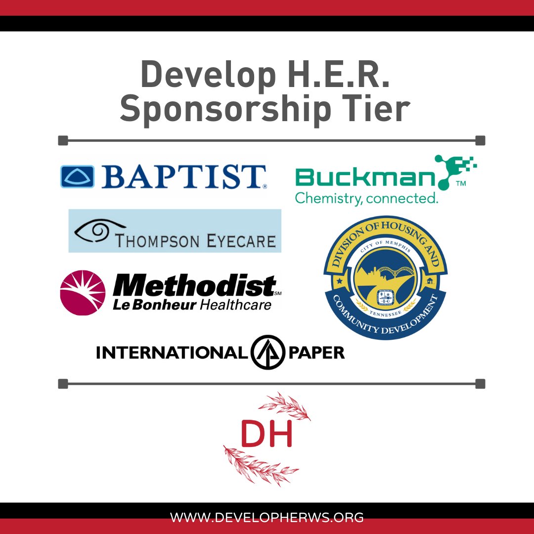 A big thank you to our Develop H.E.R. level sponsors: Baptist, Buckman, City of Memphis, International Paper and Methodist LeBonheur Healthcare.  

developherws.org/tickets

#developHER #development #women #womensempowerment #womensconference #memphis #thankyou #sponsors